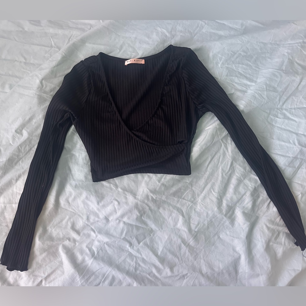 Blue Blush Long Sleeve Black Crop Top